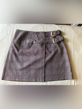 Express Plaid Buckle Mini Skirt Size 8 Brown Blue Glen Plaid Dark Academia